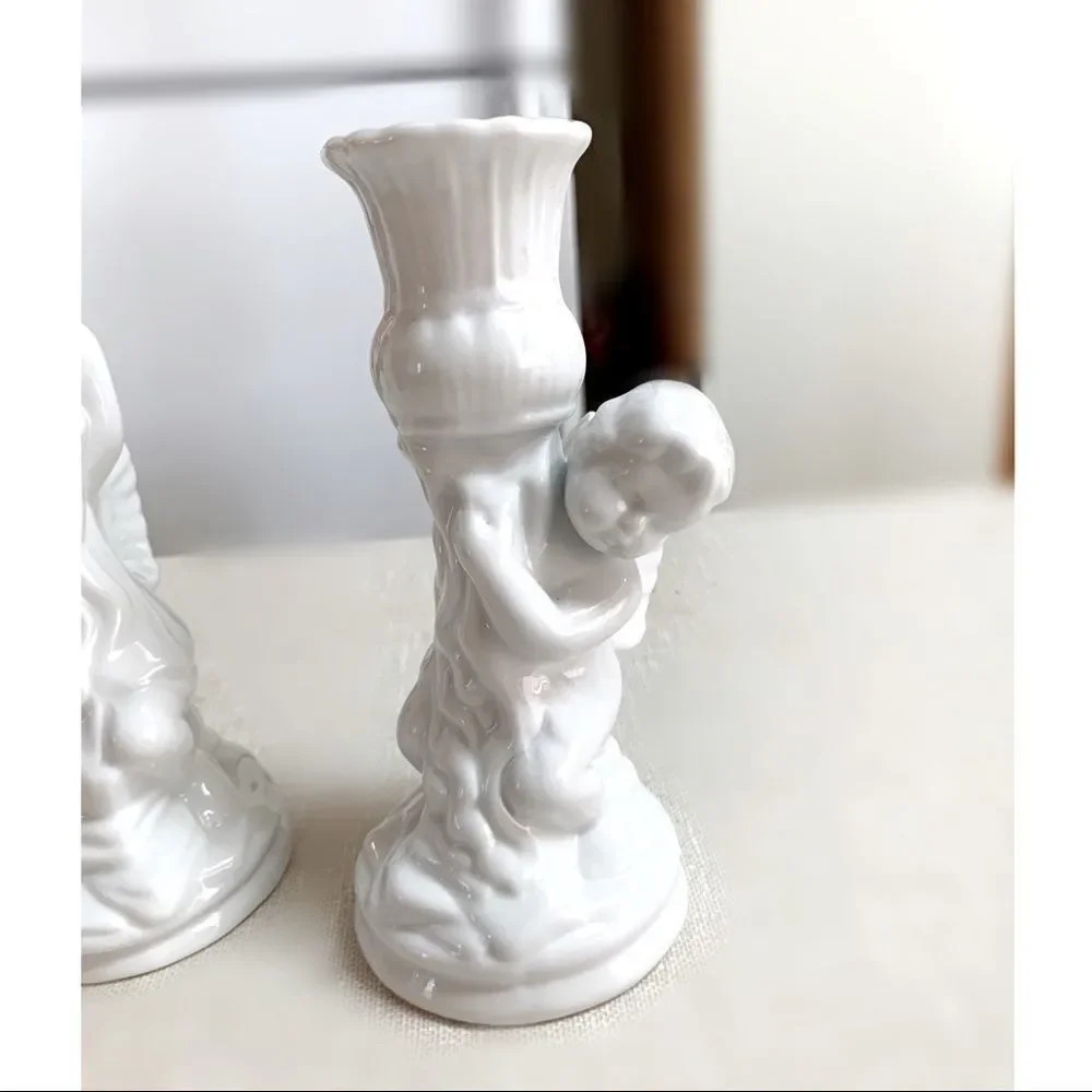 Vintage White Ceramic Angel/Cherub Candlestick Holders - Pair - Picture 2 of 4